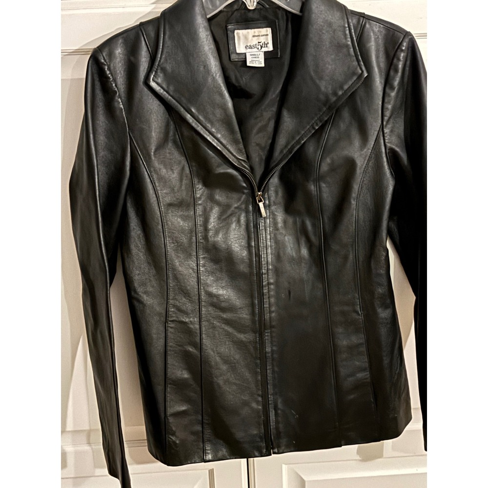 East 5th Womens Black Genuine Leather Zip Up Jacket Size Small Tailored Coat